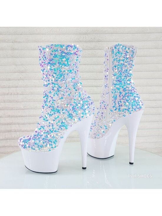 Pleaser Shoes - White Ice Multi Sequin Platform 7" Heels Ankle Boots Adore 1042
